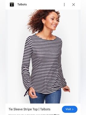 Talbots Navy and White Long-Sleeve Stripe Tie-Sleeve Top | Size XS